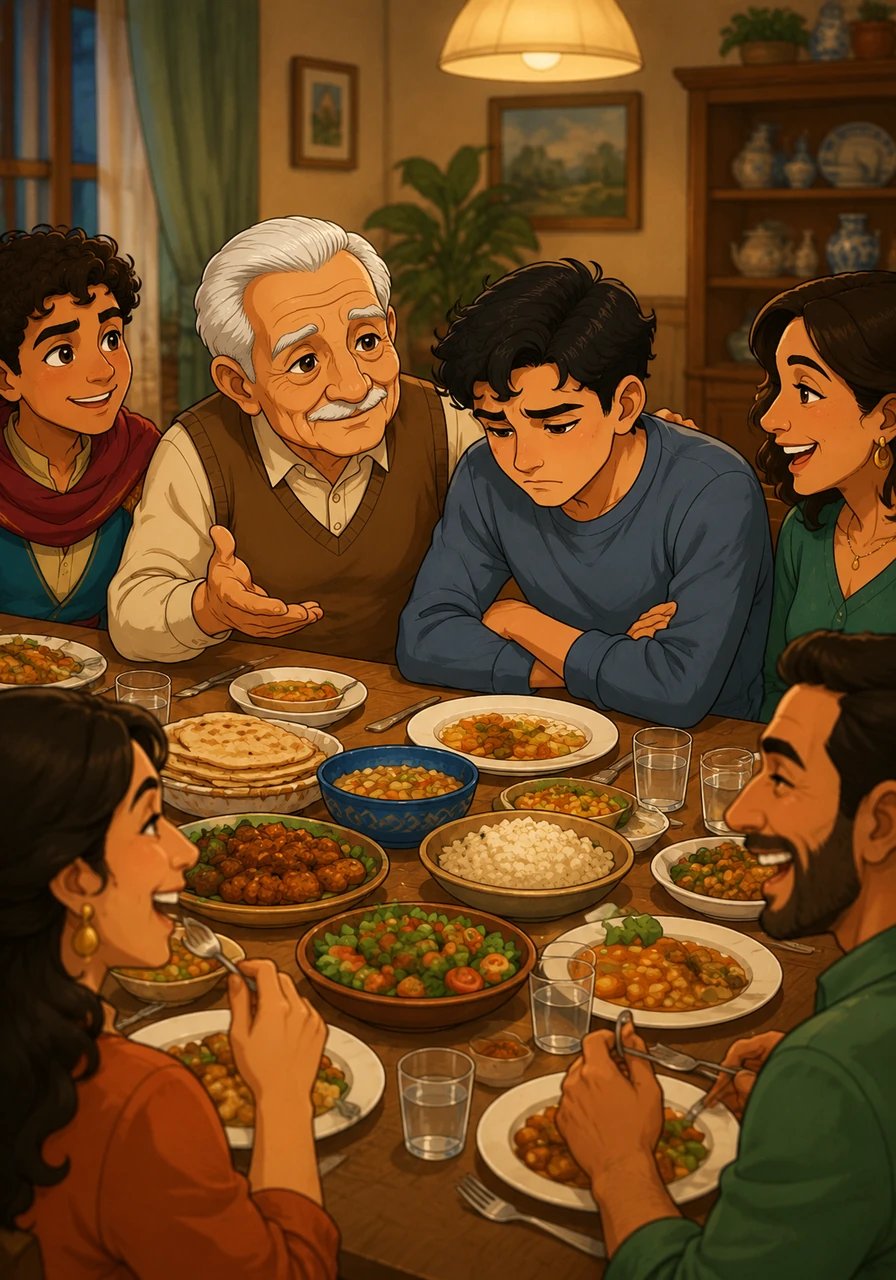 In another memory, the family gathers around a lively dinner table, filled with laughter and warmth. Tarek sits quietly, staring at his plate and ignoring his father's attempts to start a conversation, deliberately choosing to retreat into his own isolated world.