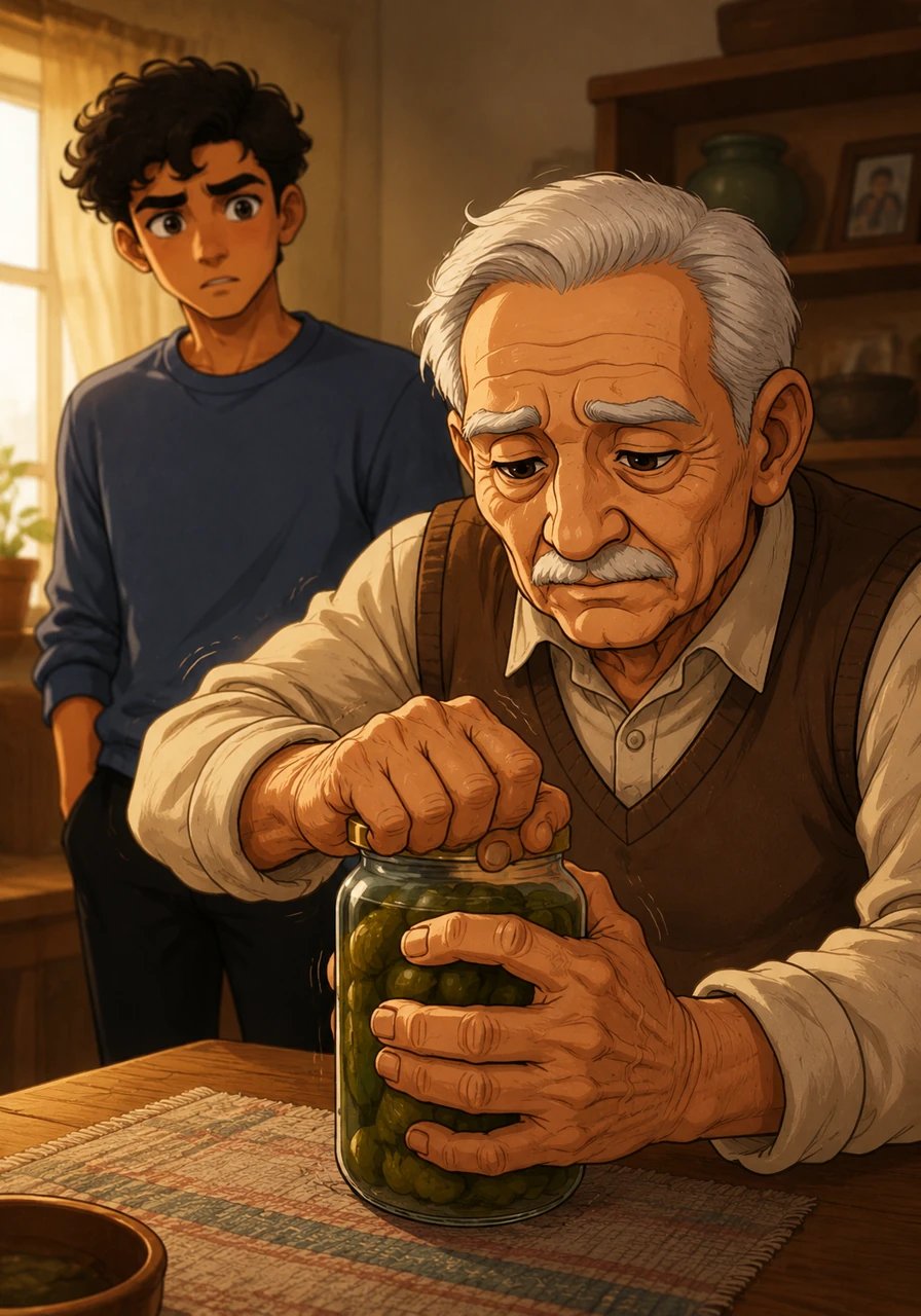 Back in the present, Tarek watches his father struggle to open a tightly sealed jar, his hands trembling slightly with age. The sight hits Tarek with a sudden wave of sharp reality, making him realize how much time has passed while he was busy being distant.