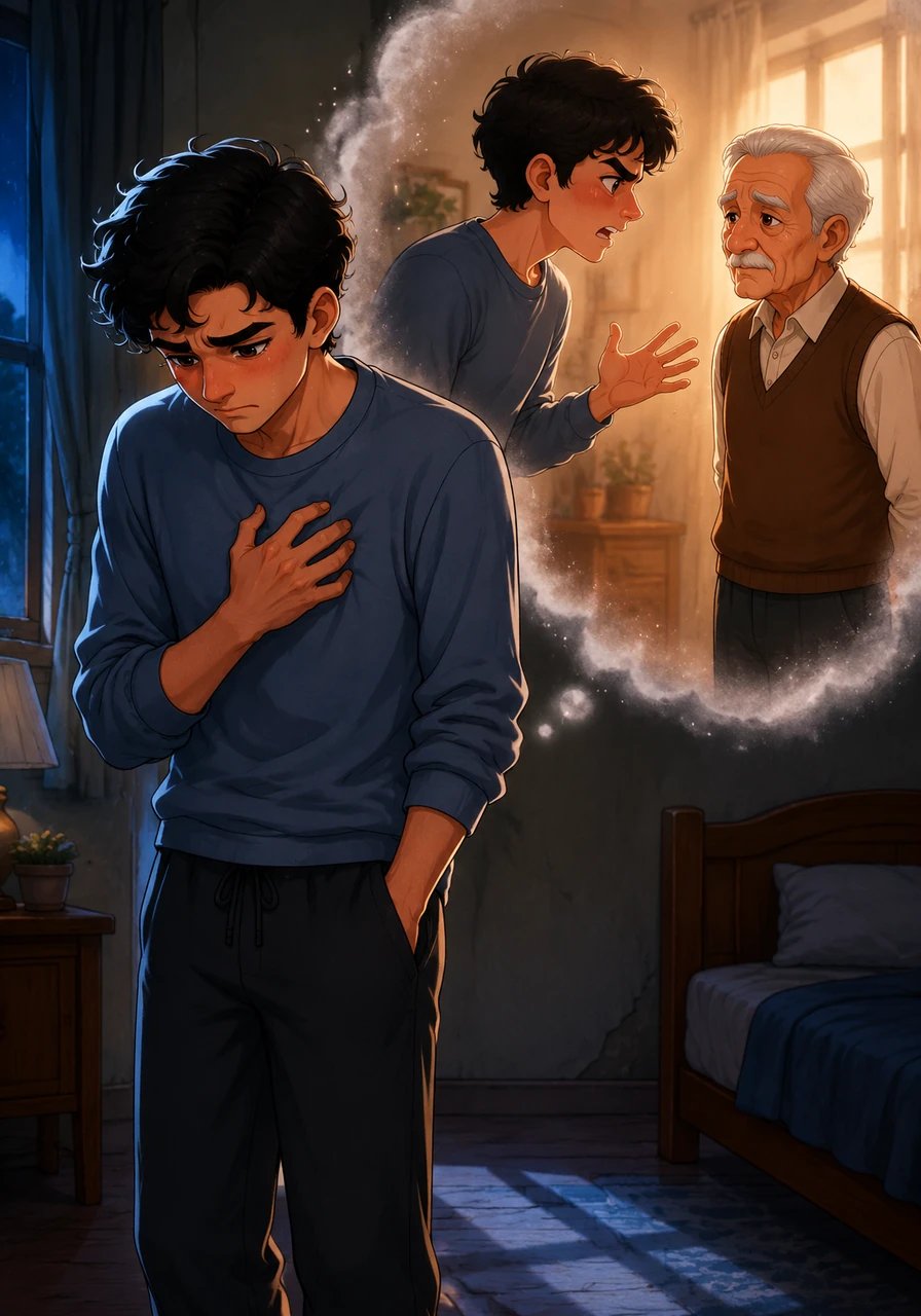He recalls a recent heated argument where he used sharp words disguised as 'intellect and logic,' wounding his father's gentle heart. The memory of his father's silent, pained expression makes Tarek's chest tighten with deep, suffocating regret.