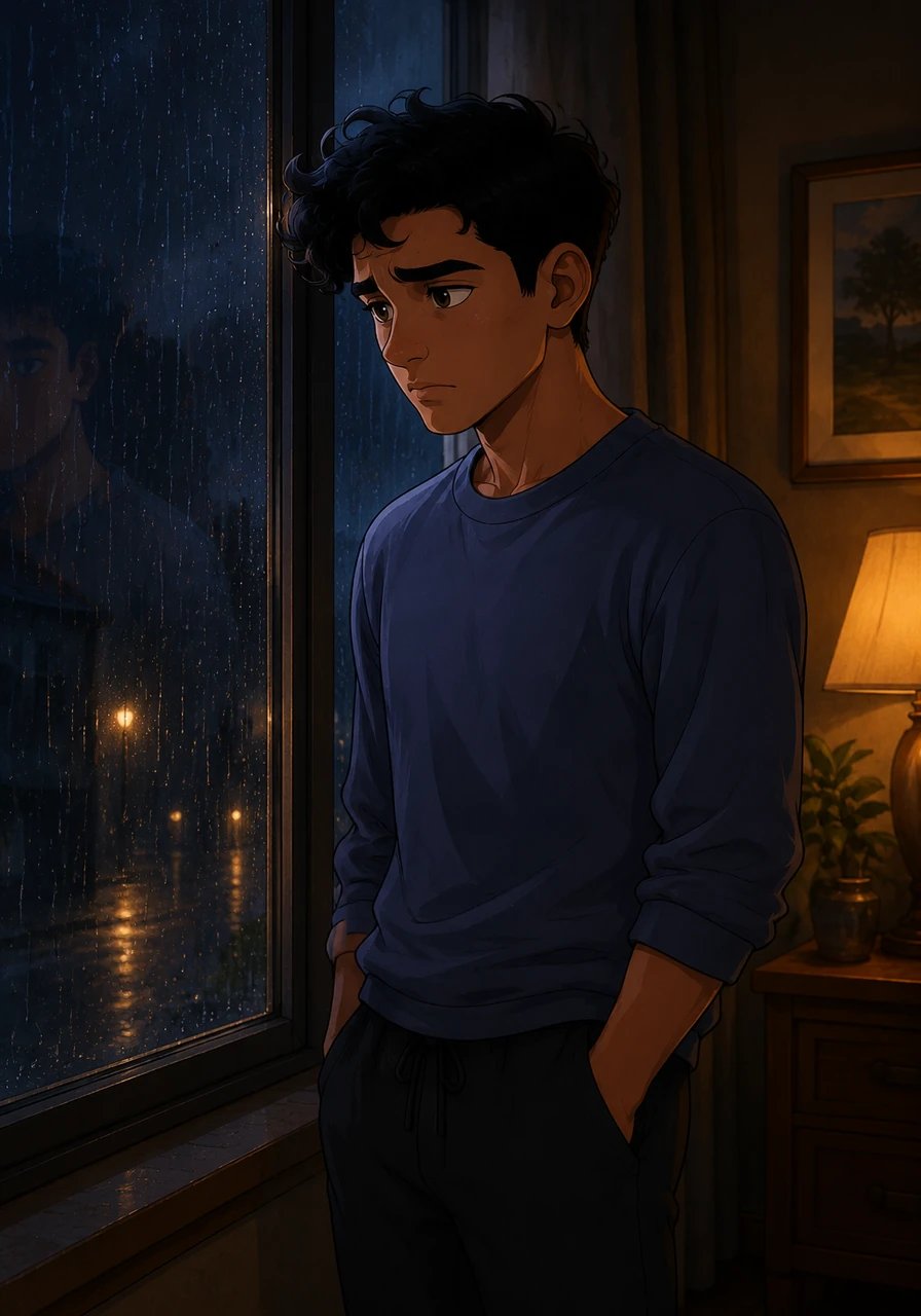 Tarek walks over to the window and looks out at the rainy night, realizing how his foolish pride and stubbornness kept him from showing the love he always felt inside. He knows that underneath his defiant exterior, his soul has always secretly chased his father's approval and pride.
