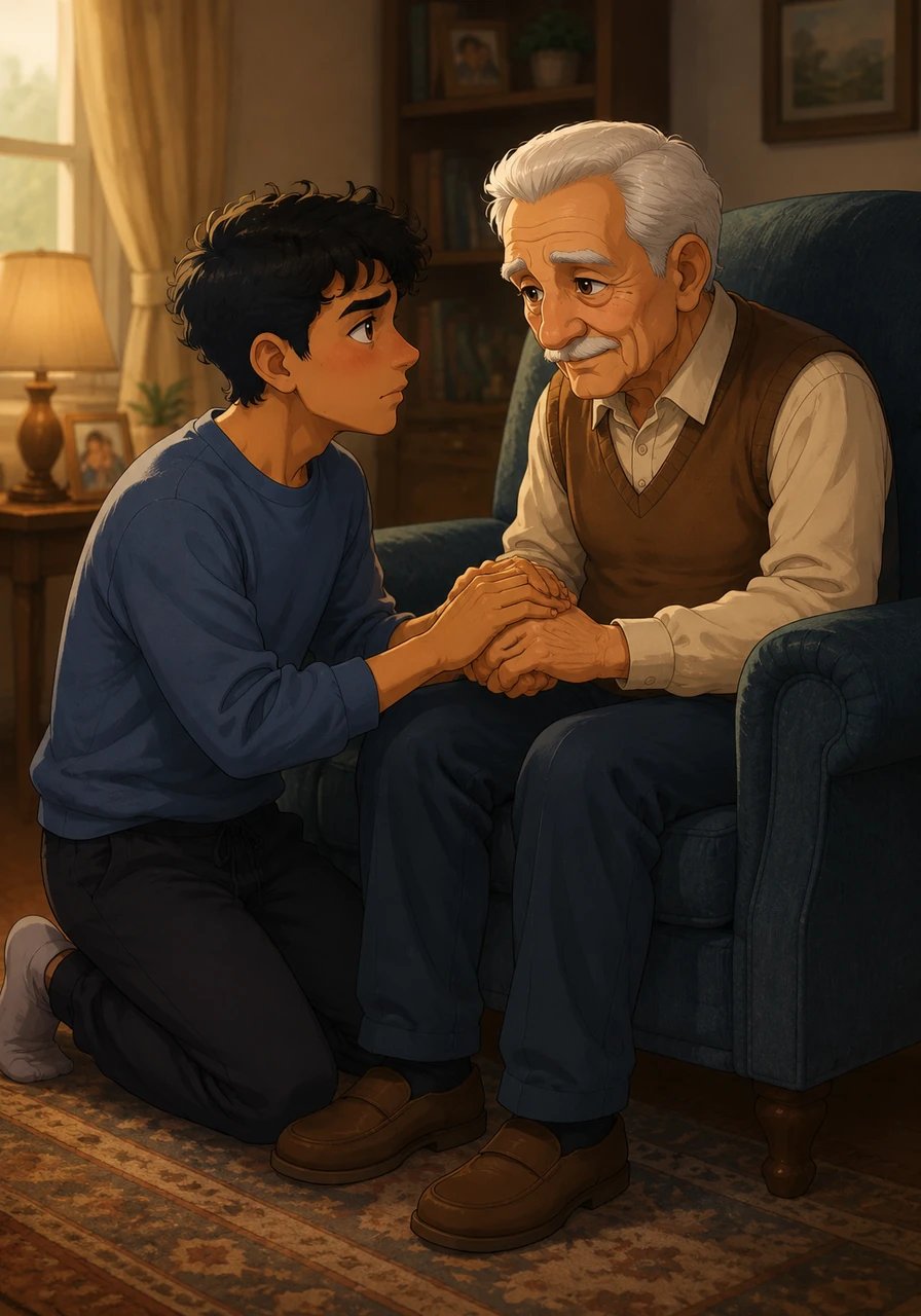 Turning back toward the armchair, Tarek makes a firm decision to tear down the walls of silence he built over the years. He walks over slowly and kneels beside his father's chair, placing his hands gently over his father's fragile, wrinkled hands.
