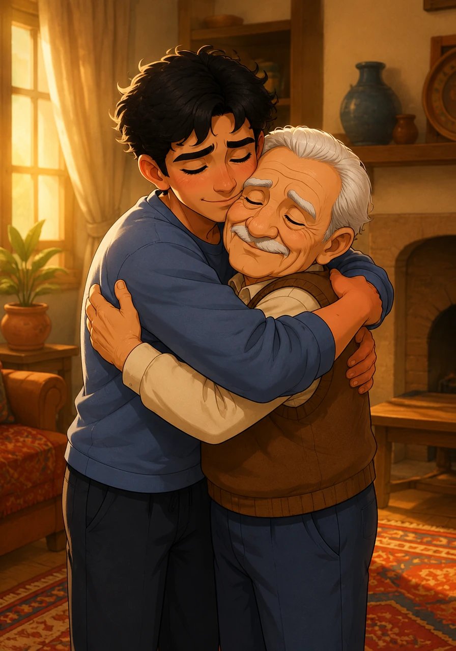 The room is filled with a warm, golden light as Tarek leans in to embrace his father tightly, anchoring himself in the love he almost lost. He vows in his heart to do whatever it takes to bring joy to his father's remaining days, rebuilding their bond stronger than ever before.