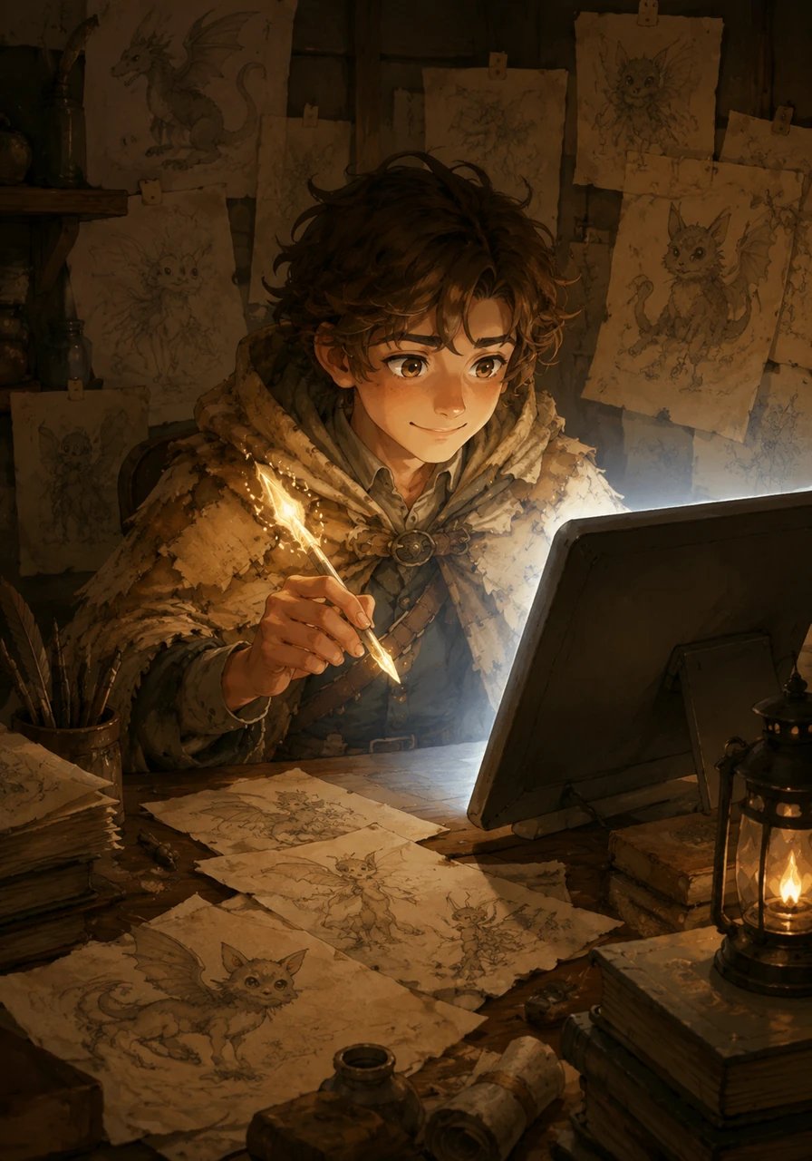 Oliver sat at a cluttered wooden desk, staring intently at a thick, empty Word document on his glowing computer screen. He held a magical, glowing stylus in his hand, wondering how he could transform the familiar tale into something completely new. The room was filled with loose sketches of whimsical creatures that seemed to whisper ideas into the quiet night air.