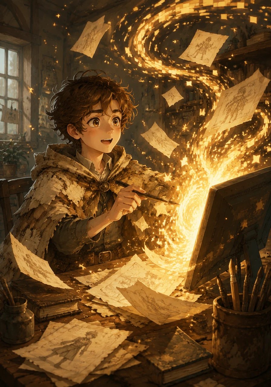 With a gentle tap of his stylus against the screen, a swirling vortex of golden light and pixelated stars burst from the monitor. Oliver watched in awe as the digital pages began to flutter, casting a warm radiance across his face and lifting the sketches right off his desk. The boundary between his cozy room and the digital world began to blur into a canvas of endless possibilities.