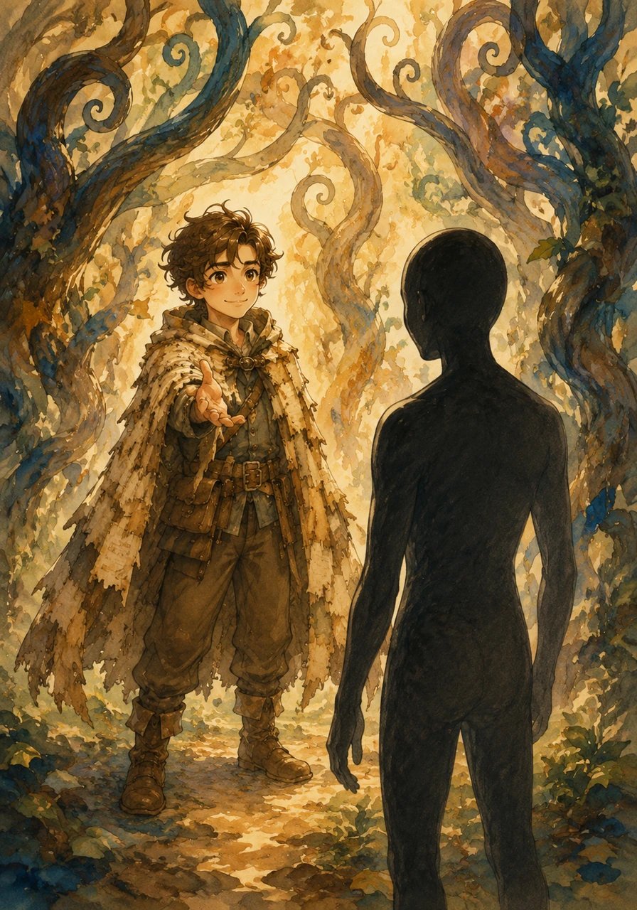 Suddenly, Oliver found himself standing in a vibrant, painted forest where the trees were made of giant calligraphic letters and watercolor leaves. Right in front of him stood the silhouette of a generic, shadowy character awaiting a brand-new identity. Oliver smiled, realizing he held the power to redraw the hero of this grand adventure from scratch.