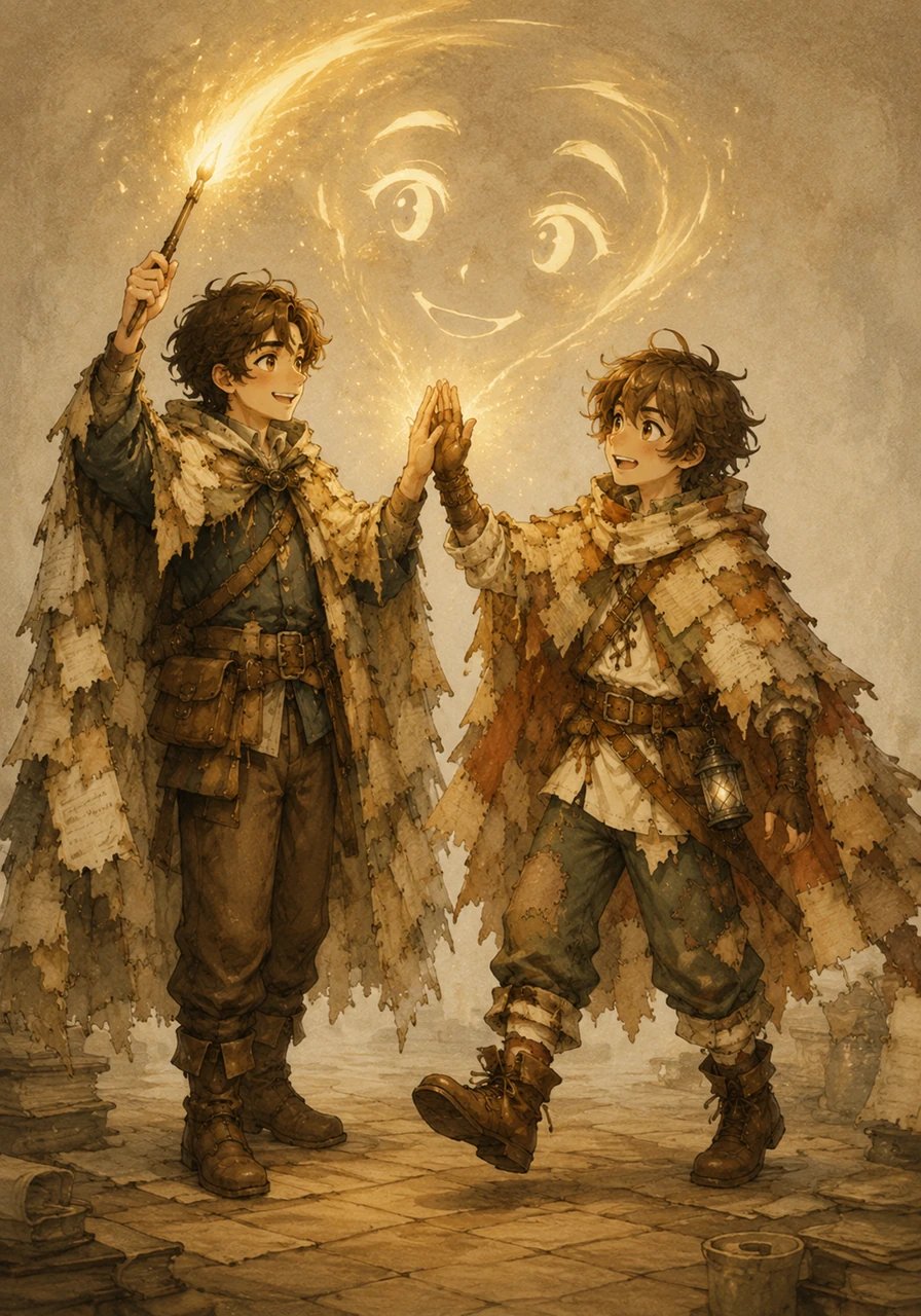 He raised his glowing stylus like a paintbrush, sweeping it through the air to sketch out bright, expressive eyes and a courageous smile on the character. As he drew, the shadowy figure transformed into a lively, spirited young adventurer wearing a patchwork cloak woven from old manuscript pages. The character stepped forward, blinking in surprise and offering Oliver a grateful high-five.