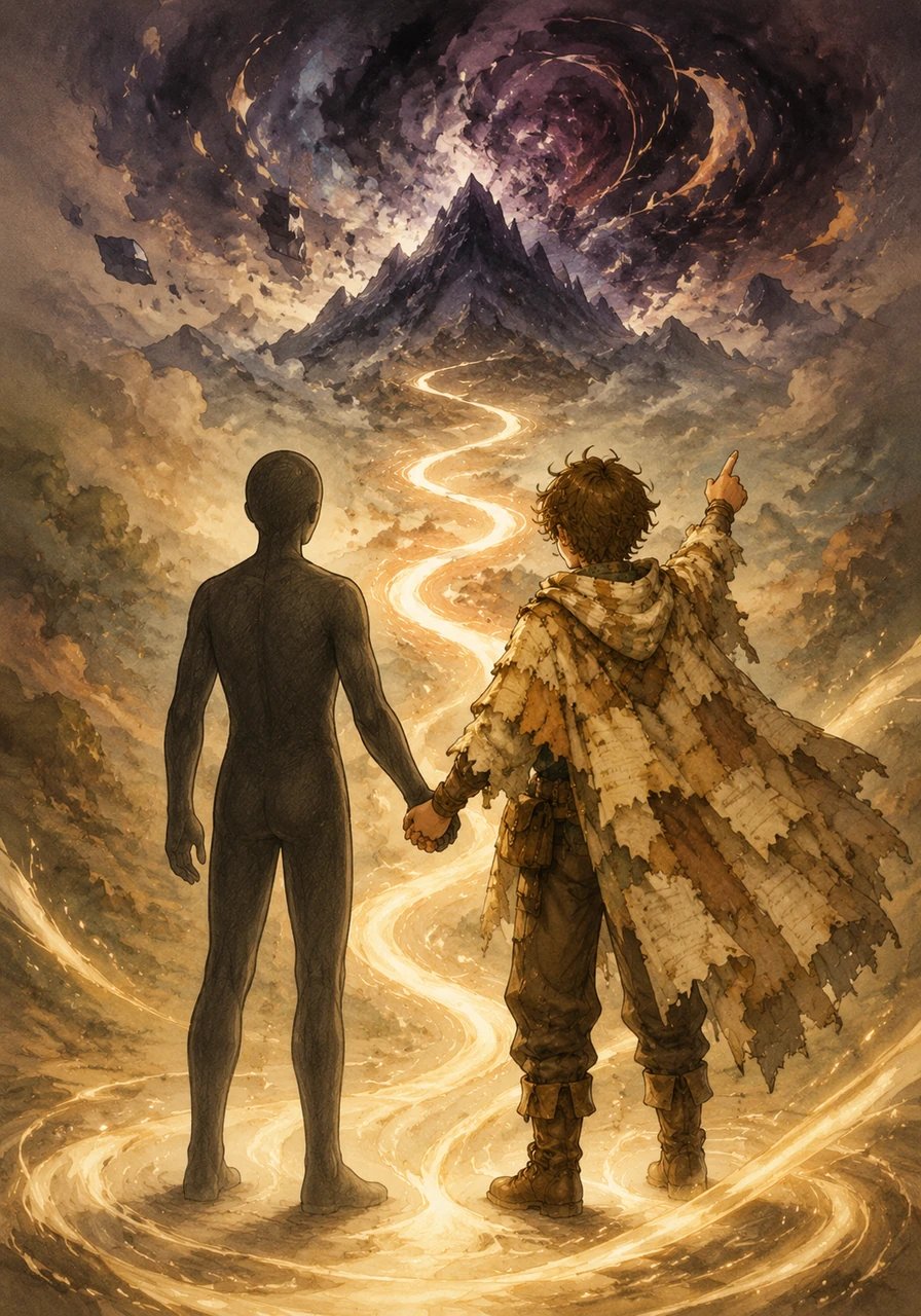 The new hero pointed toward a looming mountain in the distance where a chaotic storm of mixed-up plotlines and broken text was brewing. Oliver knew that changing the main character was just the first step, and together they would have to navigate the unpredictable twists of an unfinished story. Hand in hand, the creator and his creation stepped onto a winding path made of glowing sentences.