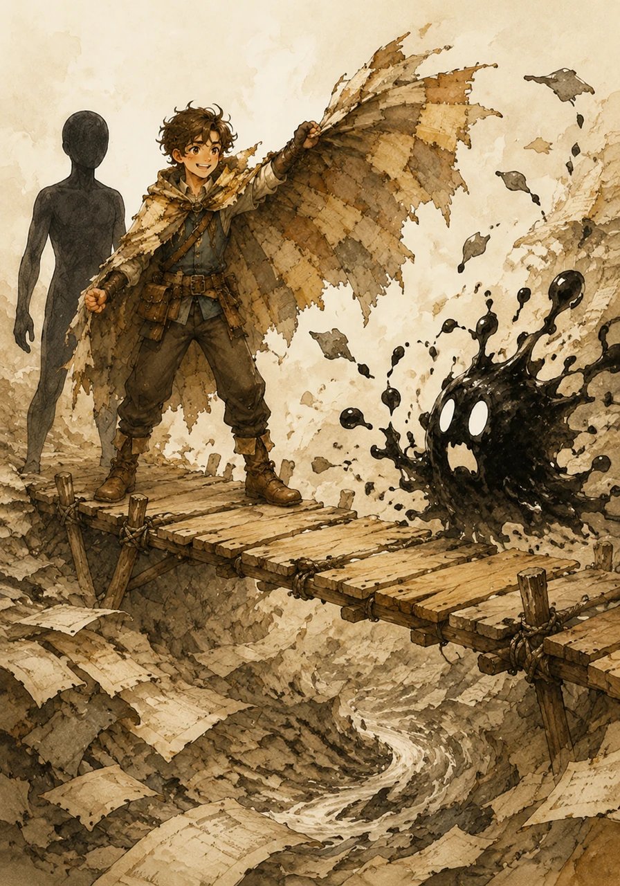 Along the way, they encountered a playful, shapeshifting ink-blot creature that tried to scramble the words beneath their feet. Oliver quickly sketched a sturdy wooden bridge over the jumbled paragraphs, allowing them to cross safely. The hero cheered, swinging his patchwork cloak to scare away the mischievous ink-blots.