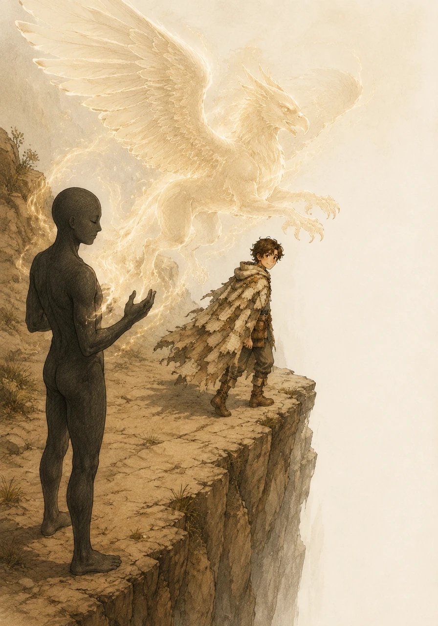 They soon reached a deep canyon where the original story had been abruptly cut off, leaving a massive, empty white void. The hero looked to Oliver, trusting his creator to find a creative way forward in this unfinished landscape. Oliver took a deep breath, close his eyes, and began to visualize a magnificent, soaring griffin to carry them across.