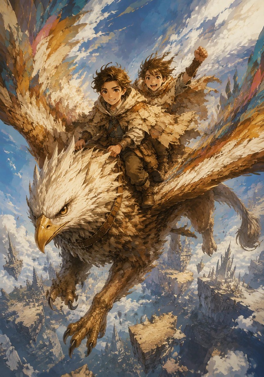 With a few masterful strokes of the stylus, a majestic griffin with wings made of vibrant, colorful brushstrokes materialized from the void. Oliver and the hero climbed onto its feather-soft back as it leaped into the air, soaring high above the incomplete worlds below. The wind rushed through their hair, filling them both with pure exhilaration and confidence.