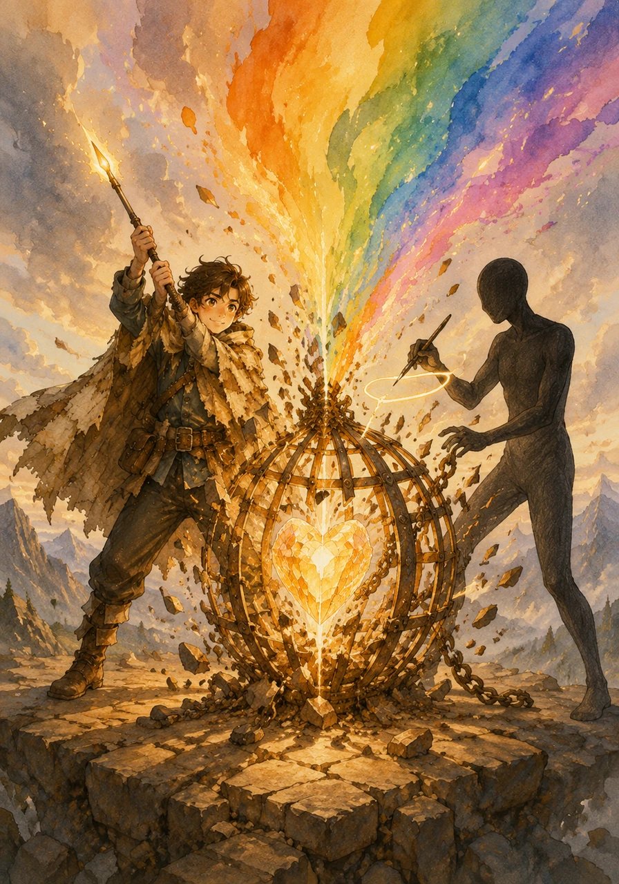 They landed safely on the summit of the mountain, where the core of the story's heart was glowing faintly, trapped in a cage of old, rigid code. The hero used his newfound strength to strike the cage, while Oliver used his stylus to rewrite the final sentences into a beautiful melody of freedom. The cage shattered, releasing a brilliant wave of color that restored the entire world to harmony.
