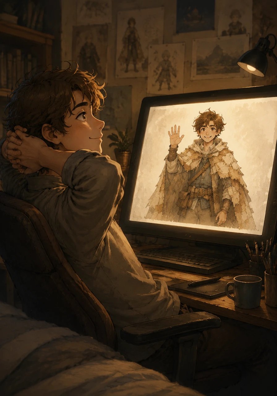 Back in his cozy bedroom, Oliver opened his eyes to find his computer screen gently dimming, showing a perfectly completed, beautifully illustrated story. The new character smiled warmly from the final page, waving a silent goodbye to his creator. Oliver leaned back in his chair, feeling a deep sense of pride, ready to take on the next blank page that came his way.