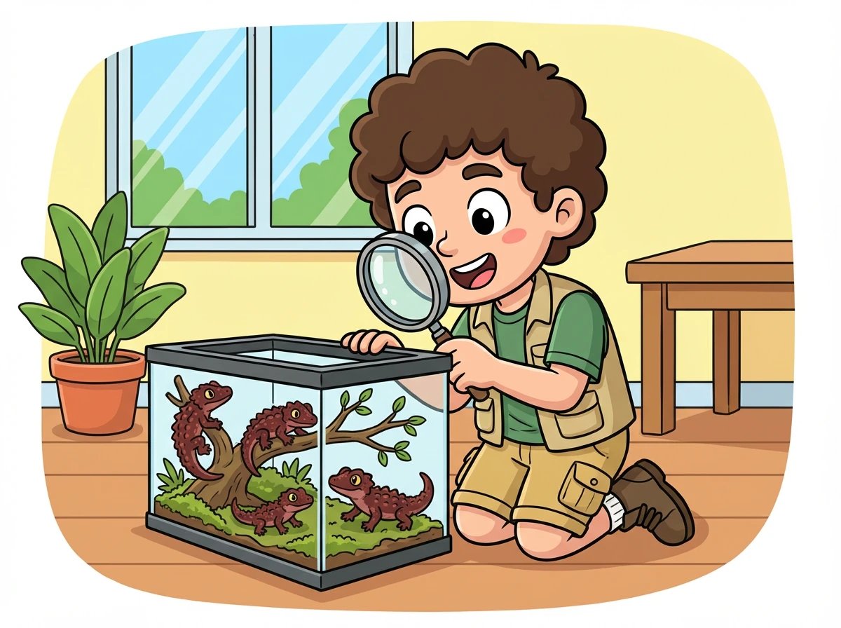 Léo aime passer du temps à observer ses Tribolonotus. Il les trouve fascinants et apprend chaque jour de nouvelles choses sur eux.