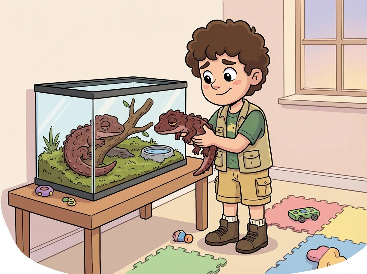 Après la séance de jeu, Léo ramène ses Tribolonotus dans leur terrarium. Ils semblent fatigués mais heureux.