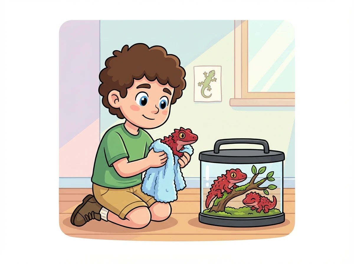 Il les sèche délicatement avec une serviette douce et les replace dans leur terrarium, où ils se blottissent les uns contre les autres.