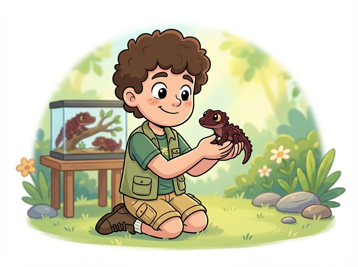 Léo donne un nom au bébé Tribolonotus : Pépito. Il l'aime déjà de tout son cœur.