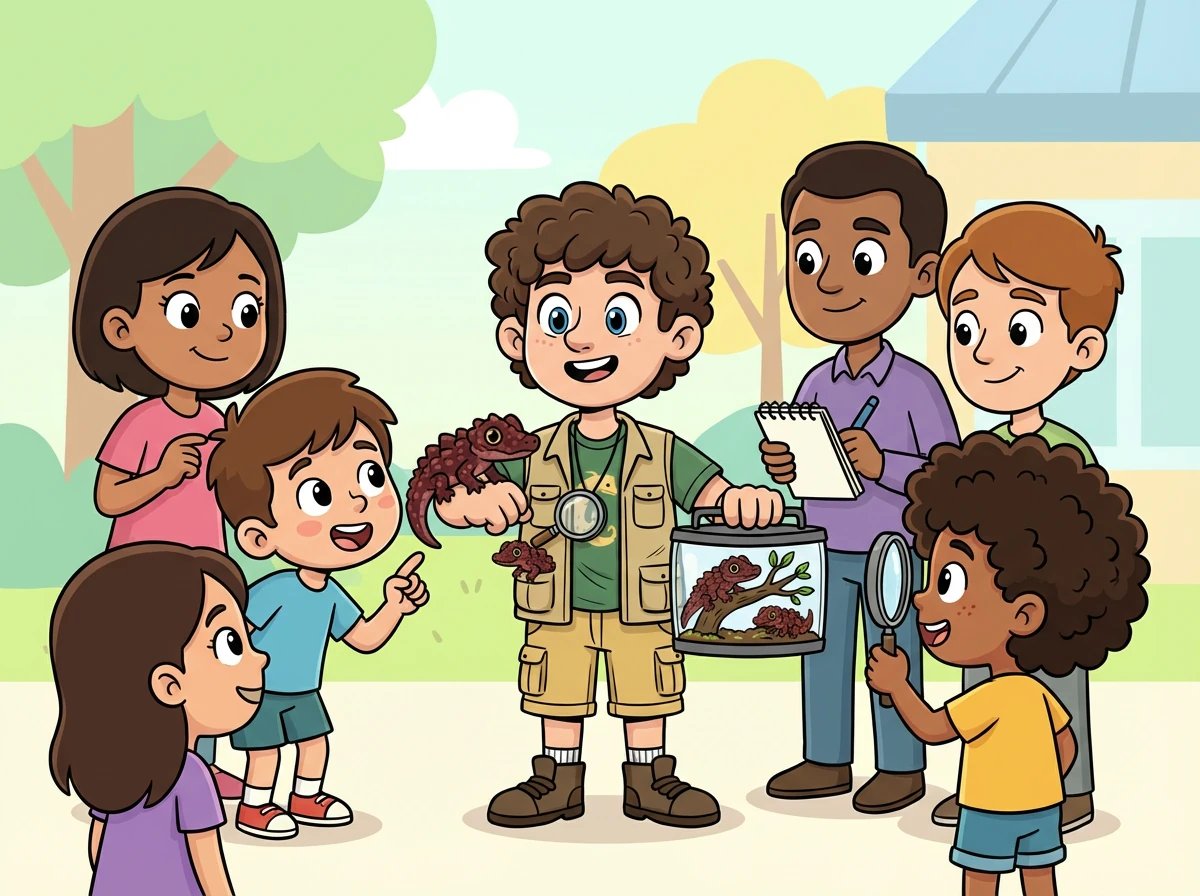 Les gens sont fascinés par Coco, Noisette, Émeraude et Pépito. Ils posent des questions à Léo et apprennent de nouvelles choses sur les Tribolonotus.