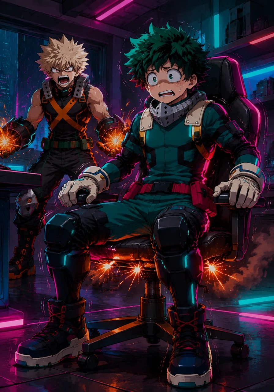 Um som de rosnado abafado e o calor de pequenas explosões estalando começam a emanar debaixo do assento de Deku. O jovem herói pisca os olhos, sentindo uma vibração estranha e começando a suar frio ao perceber que o assento da cadeira está começando a se mover por conta própria.