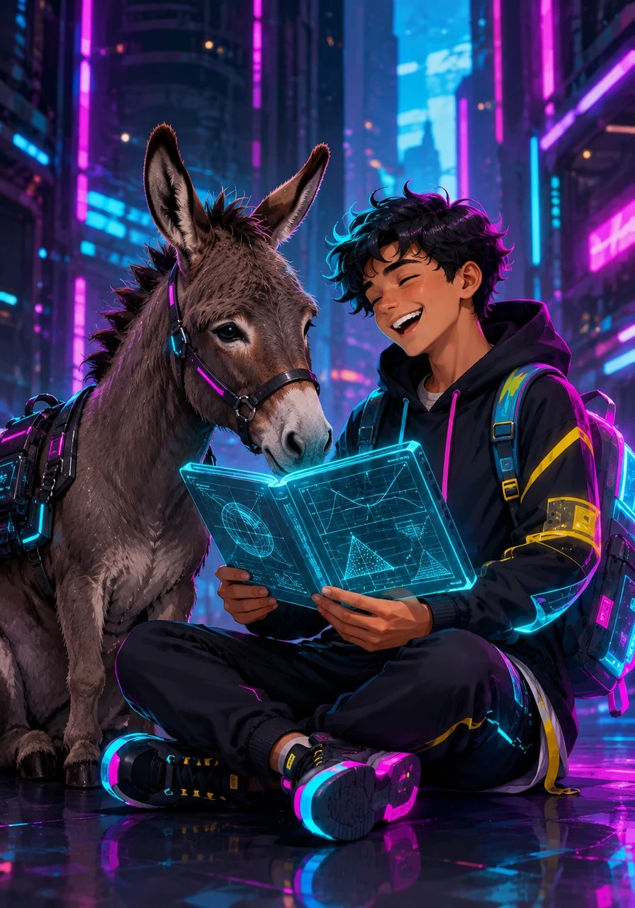 Con total naturalidad, Platero se sienta sobre sus cuartos traseros al lado de Mateo, quien no puede evitar estallar en una carcajada. El burro estira el cuello e intenta olisquear el libro de texto de matemáticas, como si estuviera muy interesado en el álgebra.
