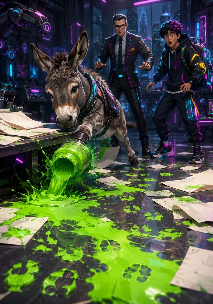 Aprovechando la distracción, Platero encuentra unos folios en blanco sobre una mesa y, con un movimiento torpe de su hocico, tira un bote de pintura verde. El suelo se convierte rápidamente en un lienzo lleno de huellas de cascos artísticas y desordenadas.