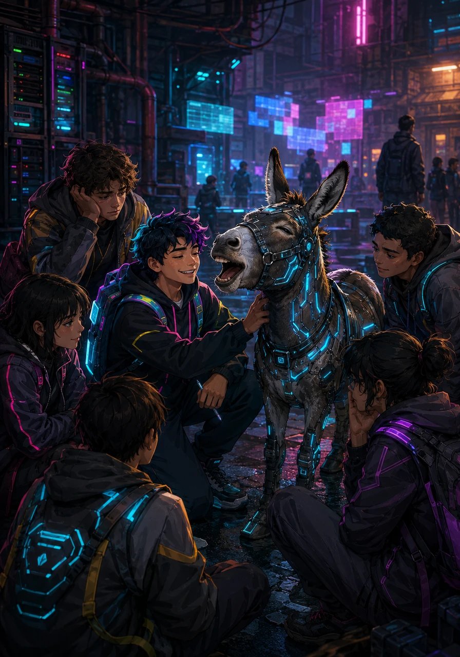 En una esquina del patio, Platero demuestra ser un excelente oyente mientras un grupo de chicos le cuenta sus dramas adolescentes y exámenes difíciles. El animal rebuzna suavemente en los momentos perfectos, pareciendo comprender cada palabra de frustración escolar.