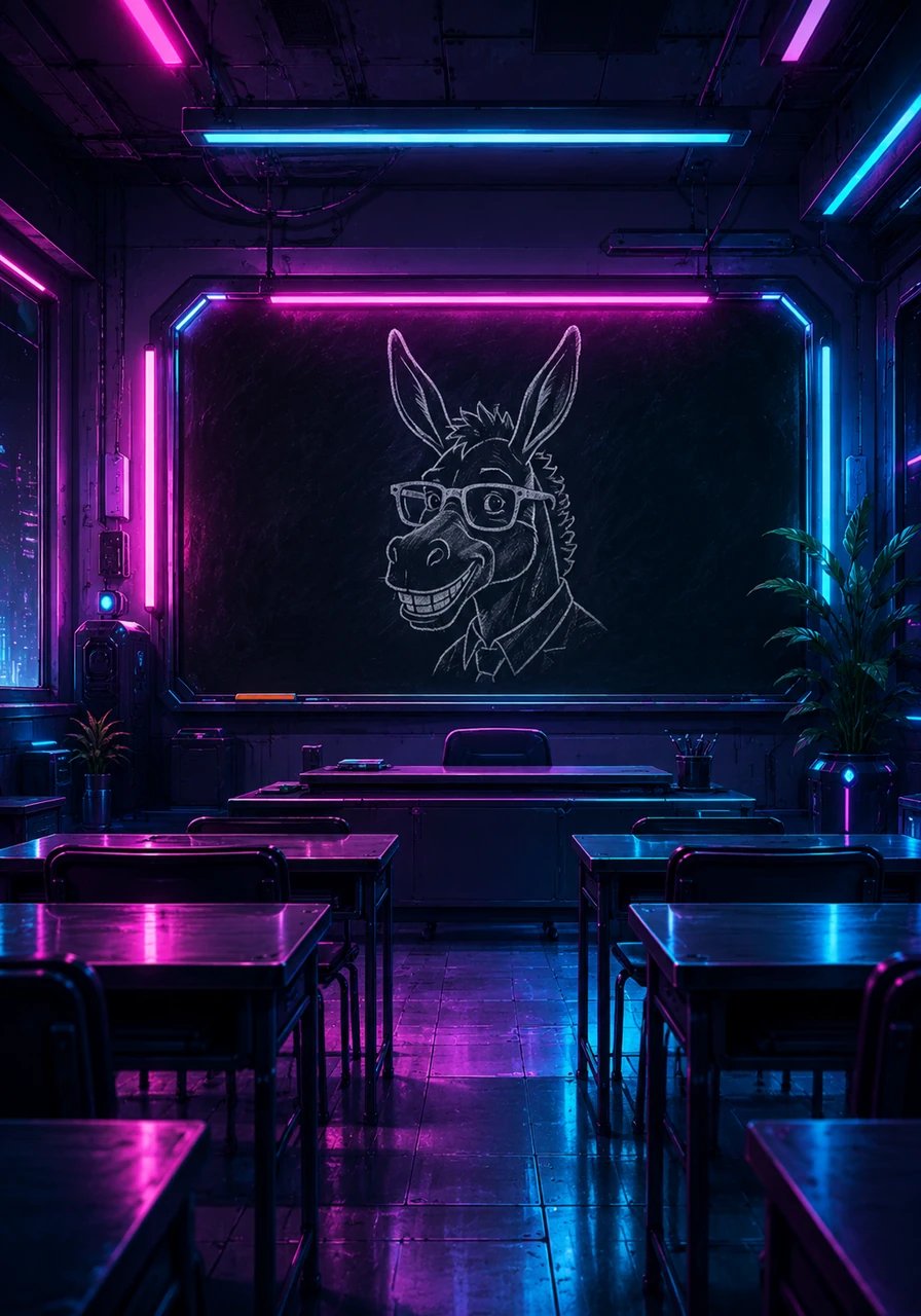El aula vuelve a quedar vacía y en silencio, pero una energía renovada flota en el ambiente del instituto. En la pizarra, alguien ha dibujado con tiza la silueta de un burro sonriente luciendo unas gafas de profesor como recuerdo de un día inolvidable.