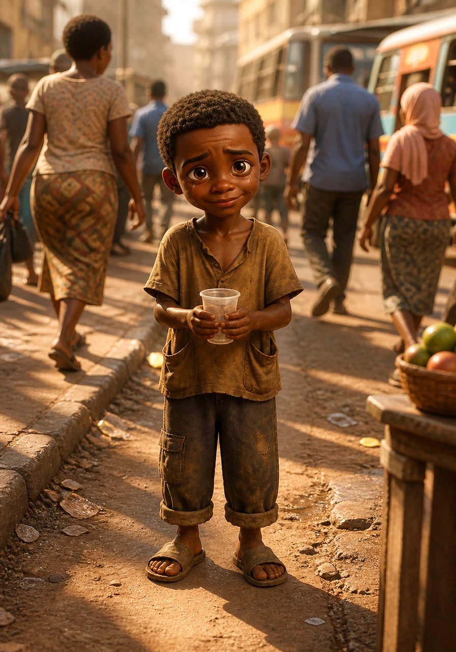 In the bustling city of Nairobi, young John walks through the busy streets with a small plastic cup in his hands. Every day is a struggle to find food and shelter, but John keeps a warm and gentle heart. As the sun beats down on the crowded sidewalk, he navigates through traffic looking for a friendly smile.