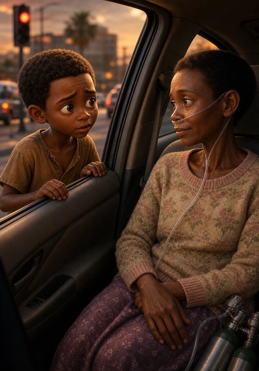 A silver car stops at the red light, and John slowly walks up to the passenger window to ask for a bit of spare change. The window glides down, revealing a kind woman named Gladys sitting inside. John notices strange plastic tubes around her face leading to heavy metal tanks on the floor of the vehicle.