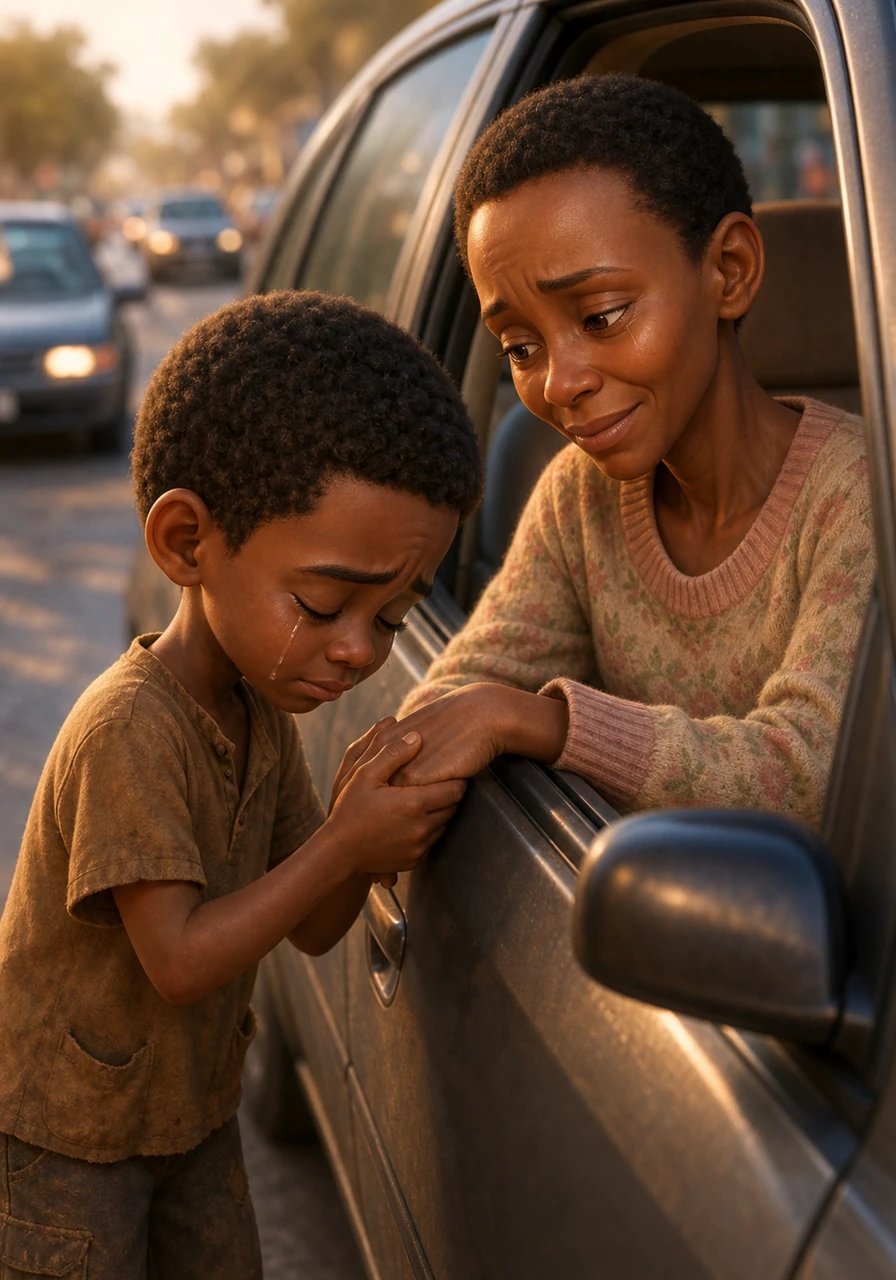 Overwhelmed by emotion and compassion, tears begin to stream down John's cheeks. He holds Gladys's hand gently through the car window, offering comfort with his innocent warmth. Right there beside the busy road, the young boy bows his head and offers a quiet, sincere prayer for her healing.