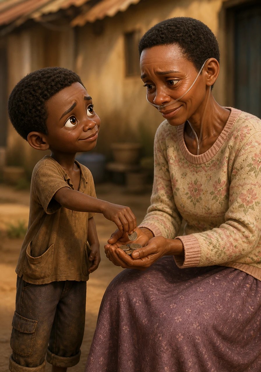 John reaches deep into his pockets and pulls out every single coin he had collected throughout the entire long day. Without a second thought, he places his meager earnings into Gladys's hands, knowing her need is far greater than his own. Gladys is deeply moved by the selfless gesture of a child who has so little yet gives everything.