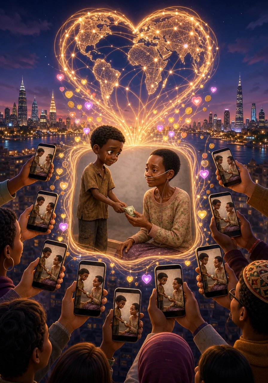 A passerby captures this beautiful moment on camera, and the photograph quickly spreads to thousands of people around the world. The image of the little boy's tears and boundless generosity touches millions of compassionate hearts. A worldwide movement begins as people gather online to offer support and donations for Gladys's medical care.