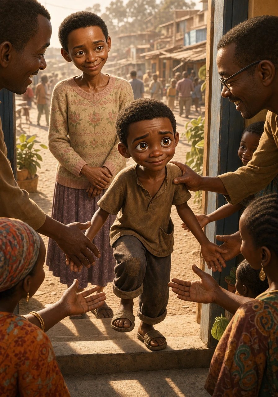 The miraculous wave of kindness does not stop with Gladys's health care. Inspired by John's radiant compassion, the community unites to ensure the young boy is given a chance at a brighter future. Loving hands reach out to pull John off the crowded streets and welcome him into a safe, warm children's home.