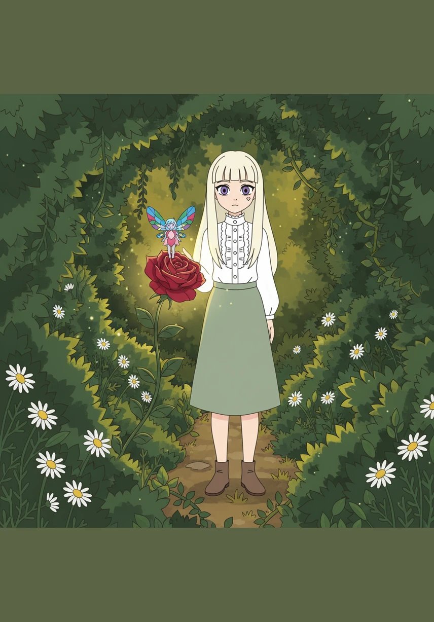 Lily wandered through her grandmother's overgrown garden, where the sunlight filtered through the ivy in golden patches. Among the wild daisies and tangled vines, she spotted a single, vibrant crimson rose that seemed to pulse with a soft, inner light.