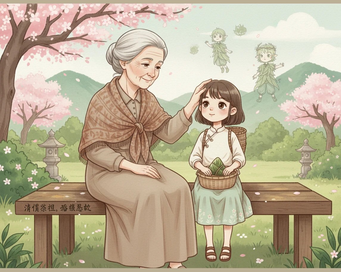 小雨好奇地抬起头，望着半空中若隐若现的小精灵，小竹篮里露出了青团诱人的一角。奶奶慈爱地抚摸着小雨的头发，温柔地告诉她，清明节不仅是踏青的好时机，更是缅怀先辈、表达思念的日子。