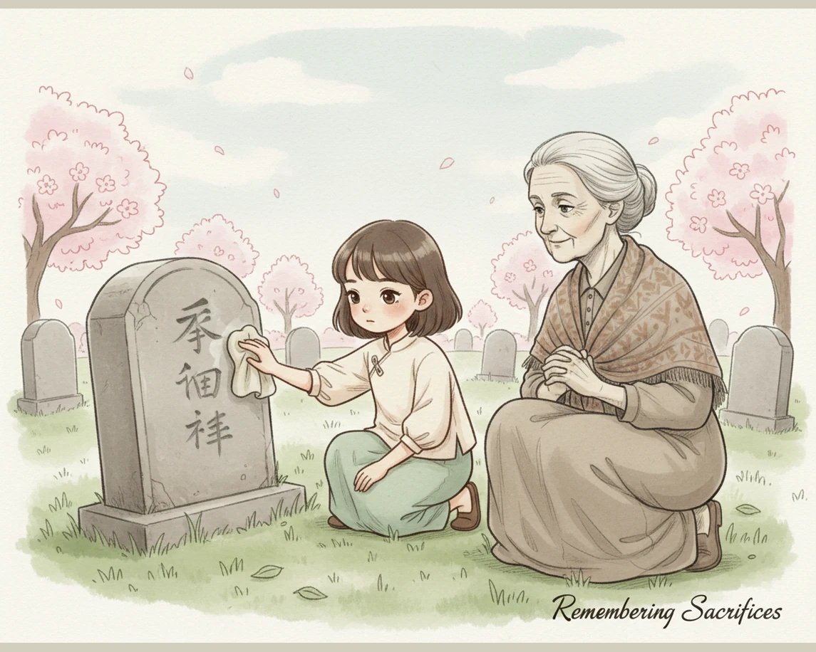 小雨拿起洁净的帕子，认真地擦拭着墓碑上的尘土，仿佛在与先辈进行一场跨越时空的对话。奶奶在一旁轻声讲述着家族的往事，教导小雨只有记住先辈的付出，才能更加珍惜现在拥有的幸福生活。