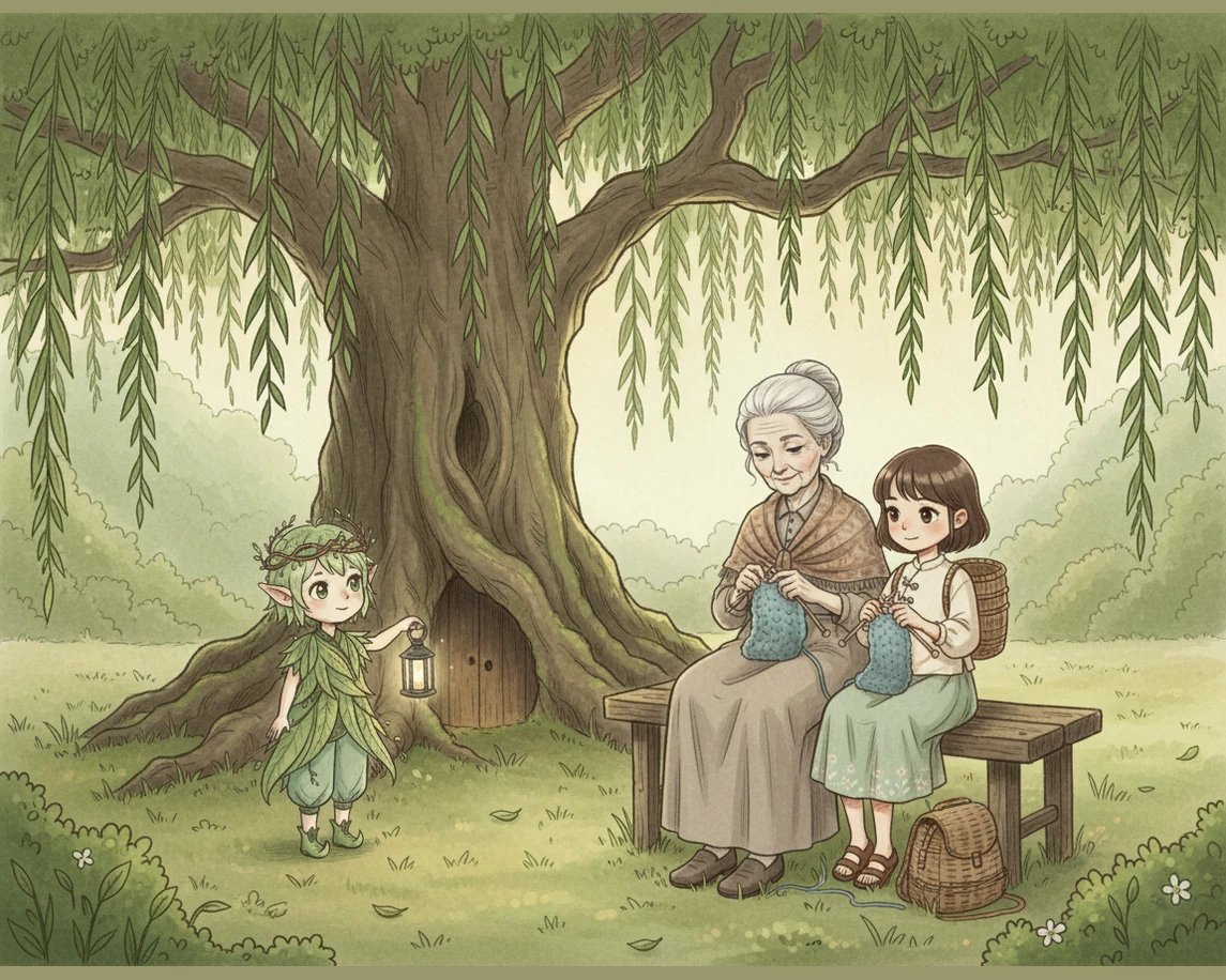 三人围坐在古老的柳树下，奶奶亲手剥开一个碧绿油亮的青团递给小雨。小精灵指着青团认真讲解，这用艾草汁和糯米制成的美食，包裹着春天的味道，也象征着顽强的生机与对未来的希望。