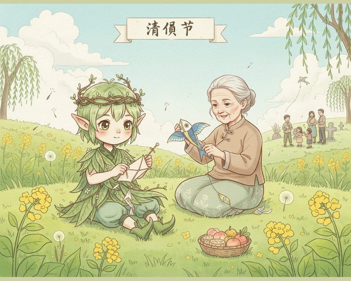 小精灵指向不远处的一排柳树，那里的枝条已经抽出了嫩芽，几个孩童正在欢快地插柳。小雨惊讶地发现，原来清明还有插柳的习俗，那翠绿的枝条插在门前，承载着人们对平安顺遂的美好期盼。
