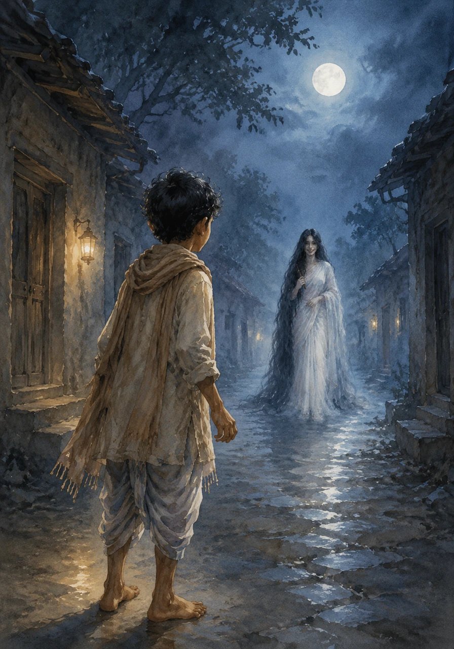 While the rest of the village locked their doors at twilight, a curious and brave boy named Ratan could not stop thinking about the legends. Driven by a daring spirit, he decided to venture out into the moonlit night to see the spirit for himself.