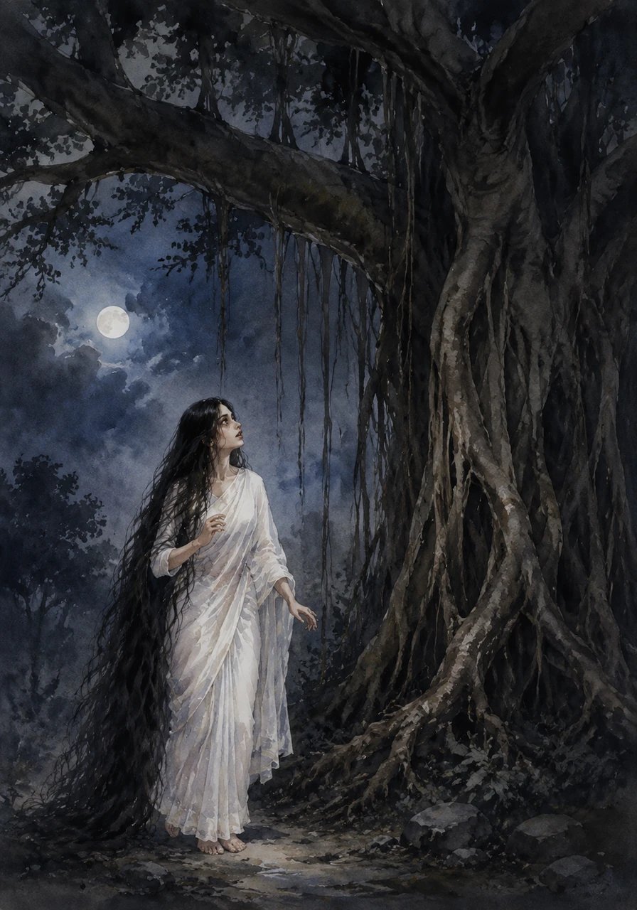 As Ratan crept closer to the towering silhouette of the banyan tree, the usual nighttime sounds of crickets and frogs suddenly faded into a heavy, suffocating silence. Through the stillness, a faint, rhythmic sound echoed from above: shrr, shrr, shrr.