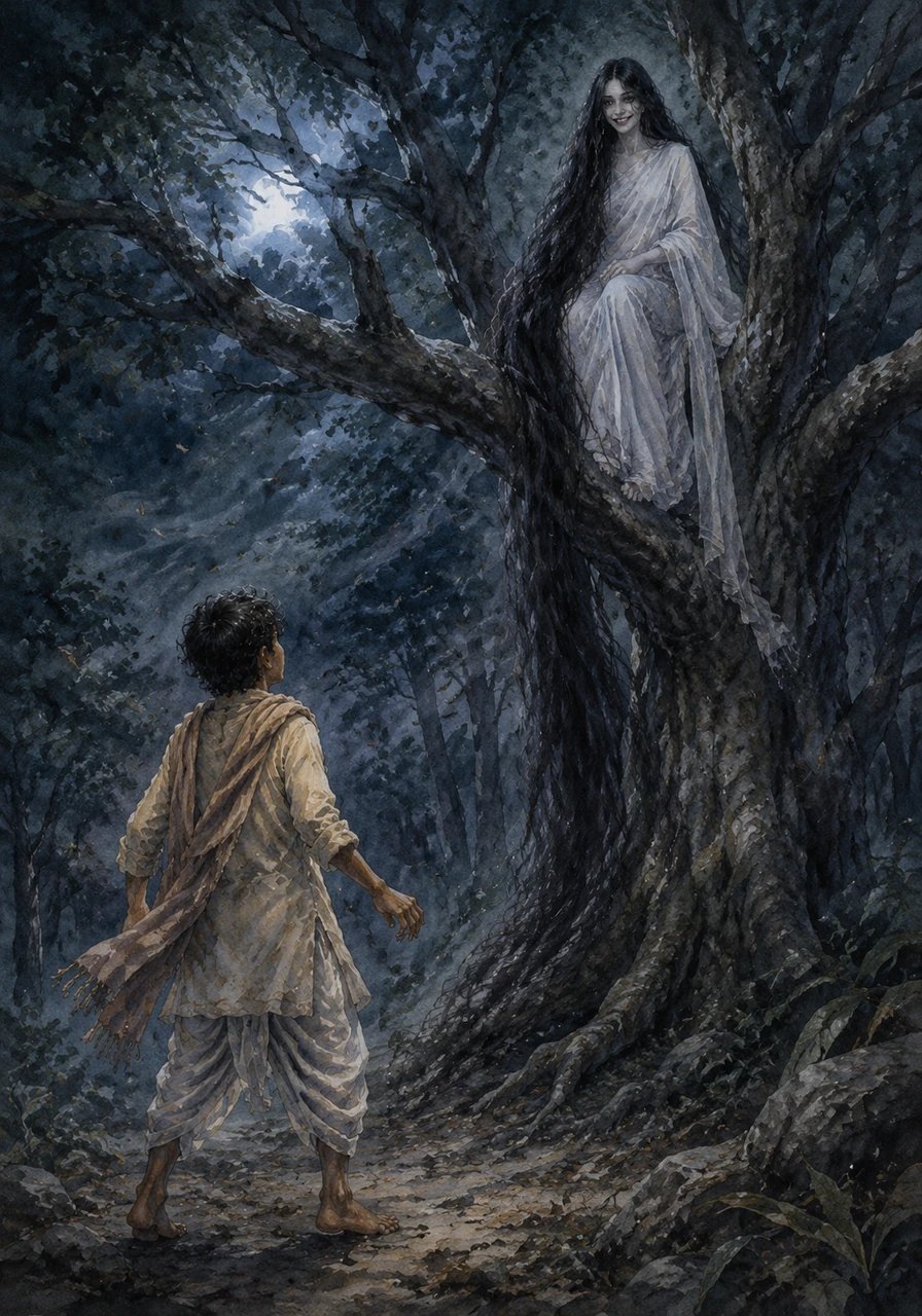 Ratan froze in his tracks as a sudden, icy wind swept through the air, making the leaves shiver despite the breathless night. High up on a thick branch, he spotted a pale figure draped in white, her endless hair cascading all the way down to the roots.