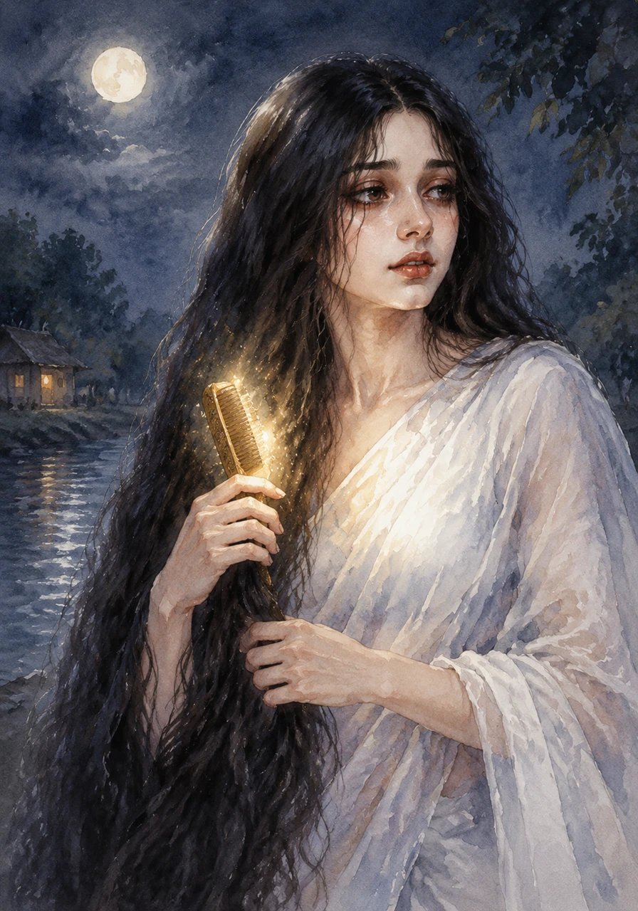 The woman turned her head slowly, and the moonlight caught the fiery gleam of a magnificent golden comb sliding through her tresses. In a voice as soft as rustling leaves, she whispered that she had been waiting a very long time for someone to return her comb.