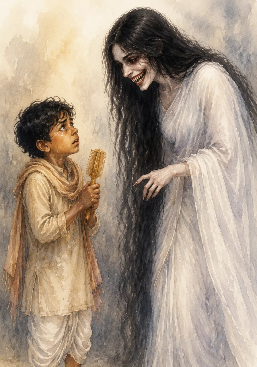 Trembling but trying to remain brave, Ratan stammered back that she already held a beautiful comb in her hand. The spirit gave a wide, unsettling smile that revealed far too many sharp teeth, sending a jolt of pure terror through the boy.