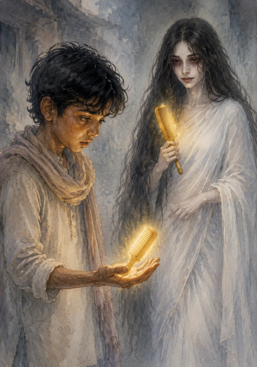 The ghostly woman locked her hollow eyes onto Ratan and softly declared that the comb in her hand belonged to him. Before he could run, a strange warmth filled his palm, and he looked down to find an identical, glowing golden comb resting in his hand.