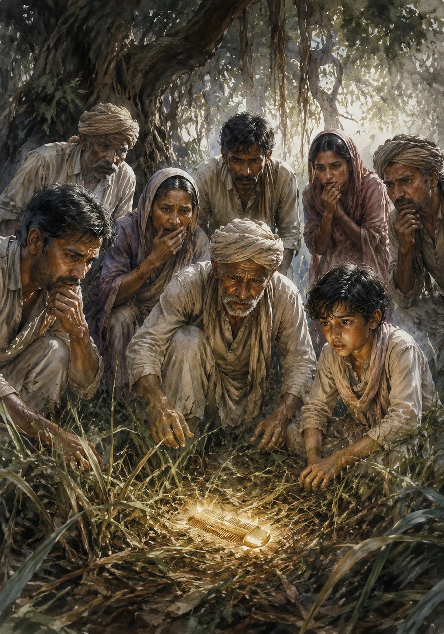 Deep in the grass beneath the ancient branches, the villagers discovered the glittering golden comb gleaming in the morning light. Ratan was never seen again, leaving behind only a chilling legend and a warning whispered to every child who dares to wander after dark.