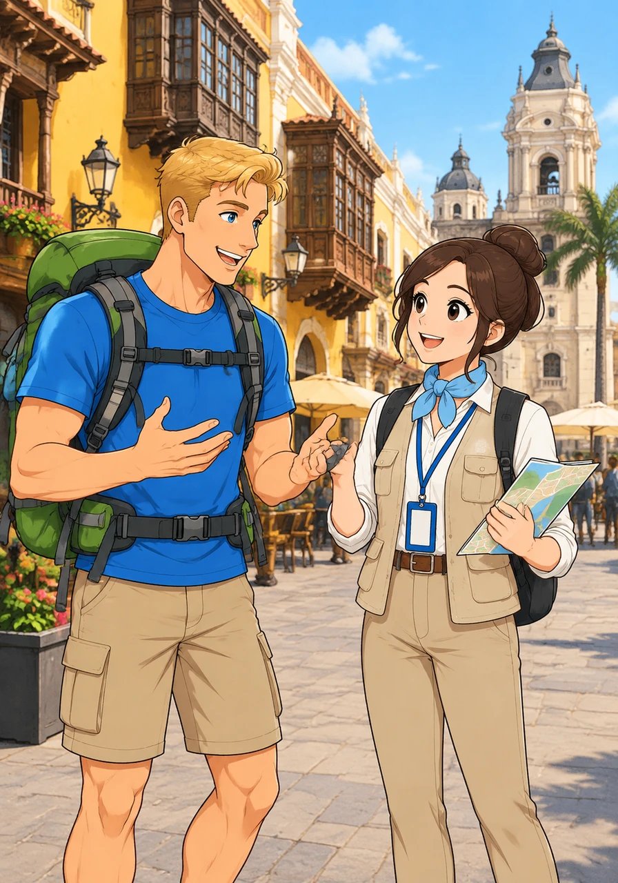 En el histórico centro de Lima, Liam se reúne con Sofía, una joven estudiante de turismo que realiza sus prácticas como guía. Liam comparte sus planes con entusiasmo, buscando recomendaciones de pequeños restaurantes locales y experiencias gastronómicas auténticas.
