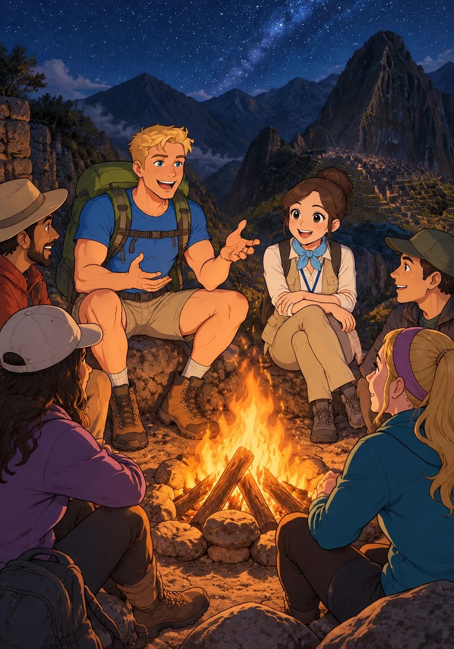 A lo largo de la caminata por el Camino Inca, Liam disfruta de la compañía de otros viajeros internacionales. Le encanta intercambiar historias junto a la fogata nocturna, mostrando la naturaleza sociable y alegre que caracteriza a los jóvenes australianos.