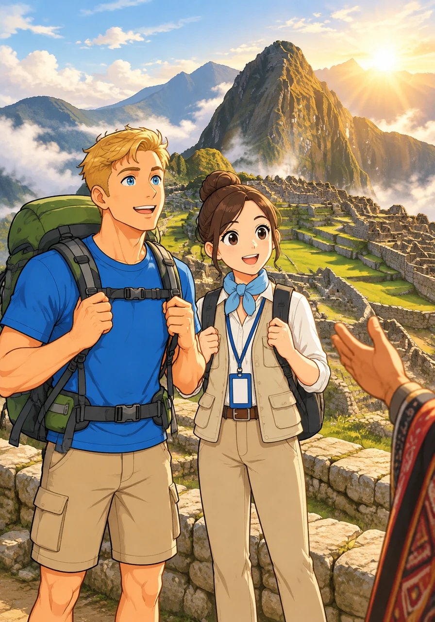 Al alcanzar la majestuosa ciudadela de Machu Picchu al amanecer, Liam queda deslumbrado por la grandeza arquitectónica. Dedica horas a escuchar atento las explicaciones detalladas sobre la historia inca, valorando enormemente la información cultural precisa.