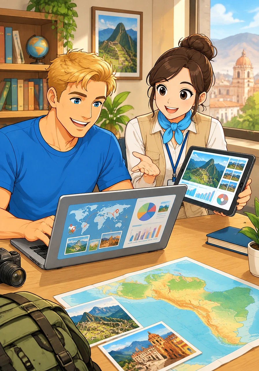 Antes de despedirse del Perú, Liam completa un diario digital de viaje donde anota cada detalle de sus gastos, rutas e interacciones. Sofía analiza su recorrido como un caso de estudio perfecto para sus clases de análisis del perfil del visitante.