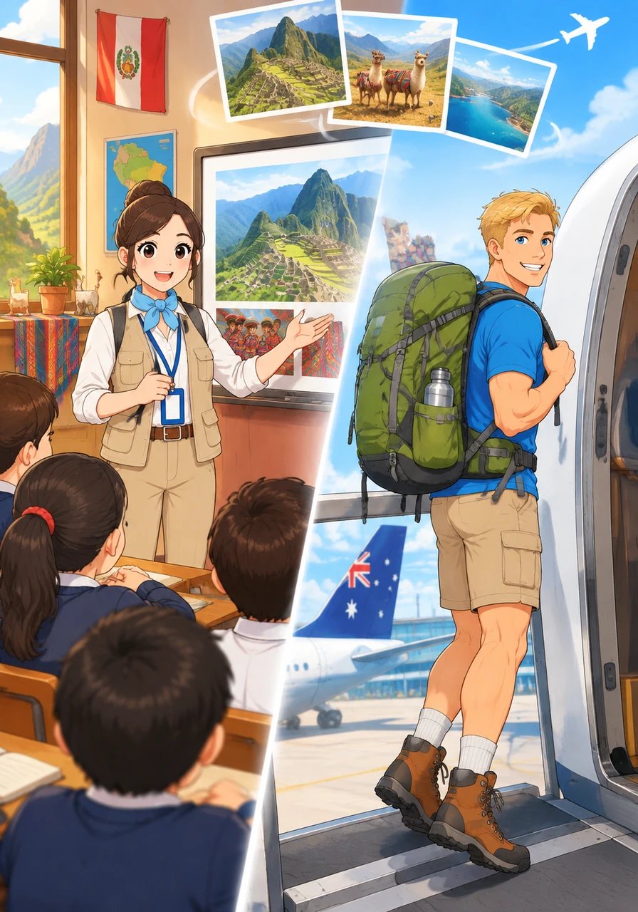 Con la mochila llena de recuerdos y una valiosa amistad con Sofía, Liam aborda su vuelo de regreso a Australia. En el aula de clases en Perú, Sofía presenta con orgullo la historia de Liam, inspirando a sus compañeros a entender mejor las expectativas y valor del turista australiano.