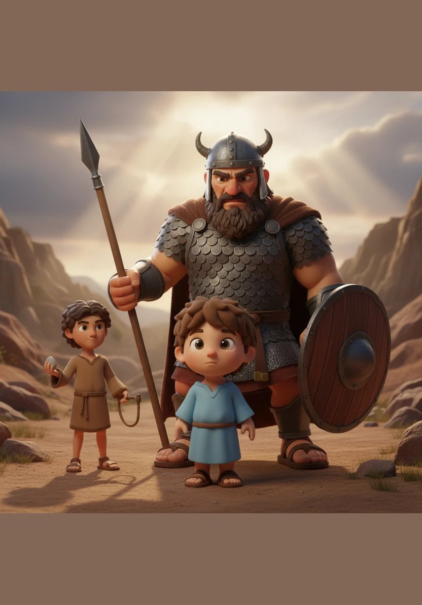 D is for Daniel, and Caleb peeks into a deep stone cave to see a brave man sitting peacefully with friendly-looking lions that are acting like big kittens.